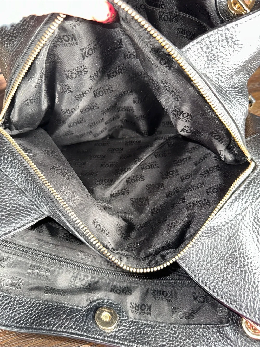 Michael Kors Black Leather 3 Compartment Shoulder Bag with Gold Chain Straps